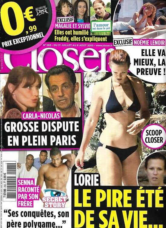 CLOSER n°268 31/07/2010  Lorie/ Bruni & Sarkozy/ Noémie Lenoir/ Secret Story/ Brad Pitt