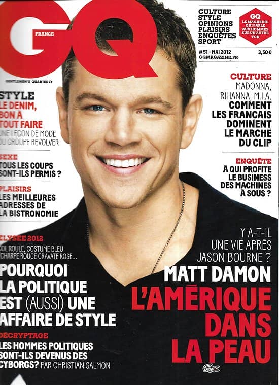 GQ n°51 mai 2012   Matt Damon/ Présidentielle 2012/ Philippe Katerine/ Anquetil/ Charlize Theron