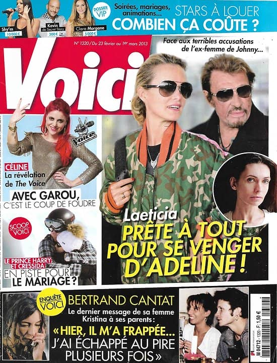 VOICI n°1320 23/02/2013  Laeticia Hallyday & Adeline Blondieau/ Cantat & Kristina Rady/ Stars à louer/ Céline Caddéo "The Voice"