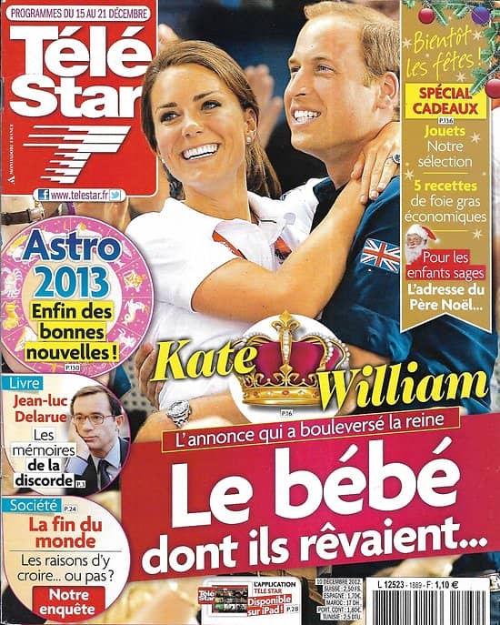 TELE STAR n°1889 15/12/2012  Kate & William/ Jean-Luc Delarue/ Simon Baker/ Patrick Bruel/ Maurane