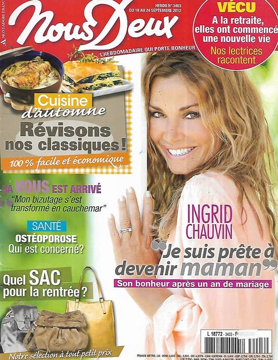 NOUS DEUX n°3403 18/09/2012  Ingrid Chauvin, bientôt un bébé/ Cuisine d'automne/ Stars: défense des animaux