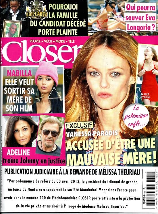 CLOSER n°409 13/04/2013  Vanessa Paradis/ Nabilla/ Adeline Blondieau/ Koh-Lanta/ Jessica Alba/ Amandine Bourgeois