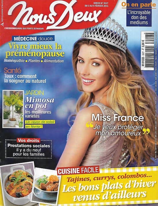 NOUS DEUX n°3527 03/02/2015 Camille Cerf, Miss France/ Plats d'hiver exotiques/ Vivre mieux la ménopause/ Pierre Mondy