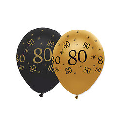 6 Ballons en latex 80 ans noirs et dorés 30 cm