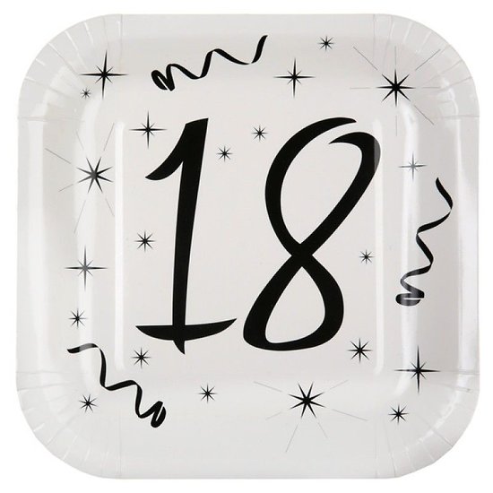 10 assiettes carton carrée anniversaire blanches et noires 18 ans. 23 x 23 cm