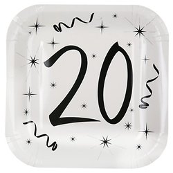 10 assiettes carton carrée anniversaire blanches et noires 20 ans. 23 x 23 cm