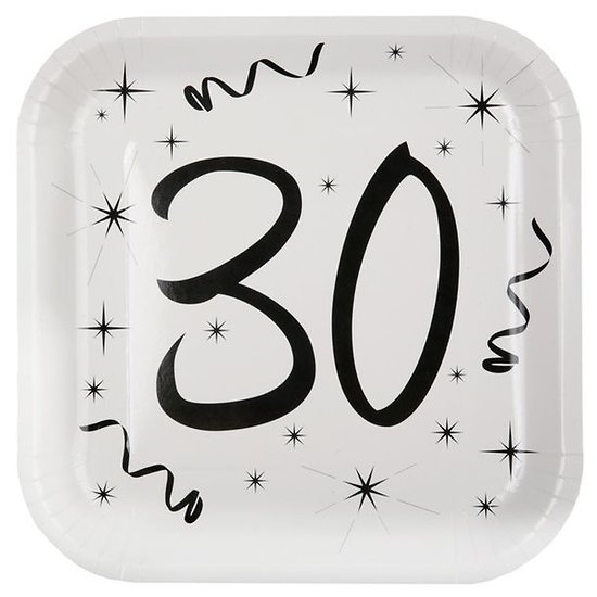 10 assiettes carton carrée anniversaire blanches et noires 30 ans. 23 x 23 cm