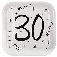 10 assiettes carton carrée anniversaire blanches et noires 30 ans. 23 x 23 cm