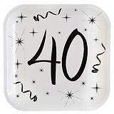 10 assiettes carton carrée anniversaire blanches et noires 40 ans. 23 x 23 cm