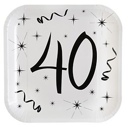 10 assiettes carton carrée anniversaire blanches et noires 40 ans. 23 x 23 cm