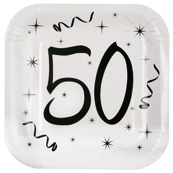 10 assiettes carton carrée anniversaire blanches et noires 50 ans. 23 x 23 cm