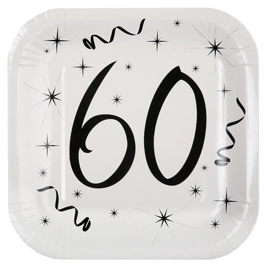 10 assiettes carton carrée anniversaire blanches et noires 60 ans. 23 x 23 cm