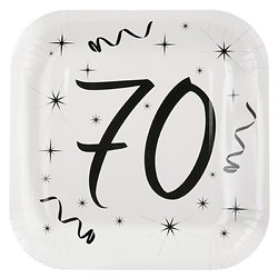 10 assiettes carton carrée anniversaire blanches et noires 70 ans. 23 x 23 cm