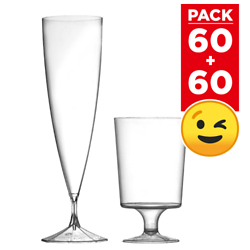 Pack 60 flûtes + 60 verres. Lavables - Réutilisables.