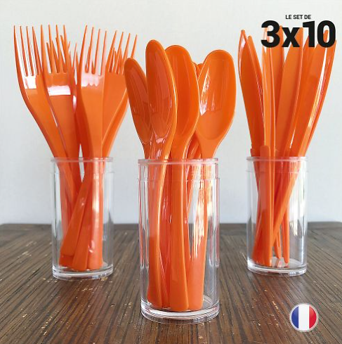 Set de 30 couverts orange Lavables - Réutilisables. 3x10