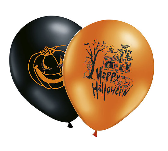 Ballon Halloween - Ø 25 cm - orange, noir - lot de 8