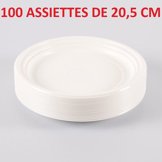 100 Assiettes plastiques blanc 20,5 Cm