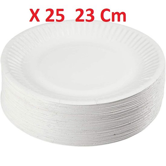 Assiettes carton blanc rondes 23cm x 25 pièces
