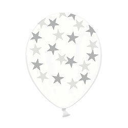6 Ballons latex transparents étoiles argentées 30 cm