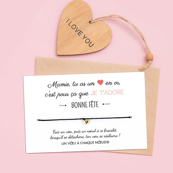 Carte Bonne Fête Mamie + Bracelet porte bonheur Cœur doré