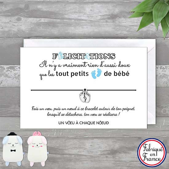 Carte de voeux Félicitations Jeune Maman + Bracelet porte bonheur Petits Pieds