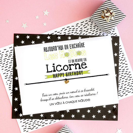 Carte Happy Birthday - Licorne + Bracelet Coeur Inox