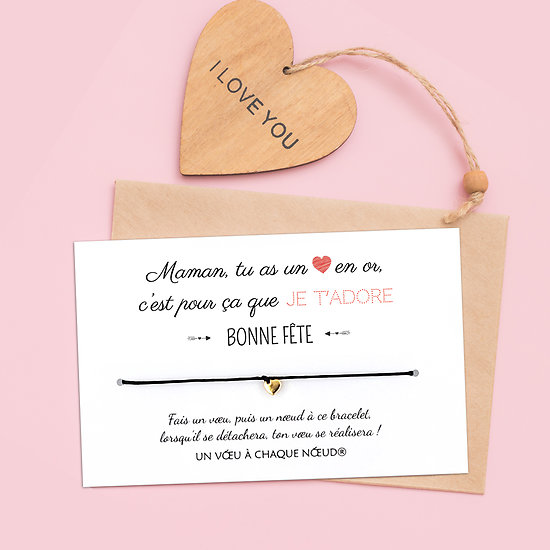 Carte Bonne Fête Maman + Bracelet porte bonheur Cœur doré