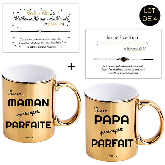 Cadeau pour Super Papa et Maman - Tasse et Bracelets à voeux